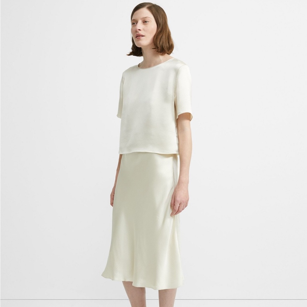 Theory Hammered Viscose Faux Wrap Midi Slip Skirt in Parchment